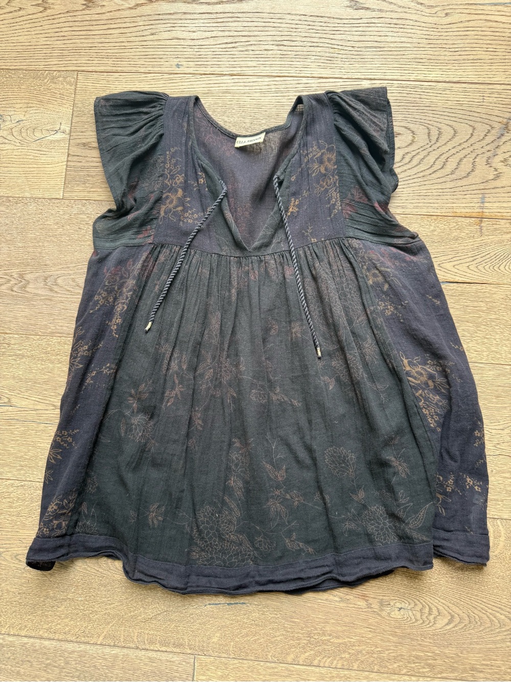 Ulla Johnson Black Floral Split V-Neck Flutter Sleeve Tunic
